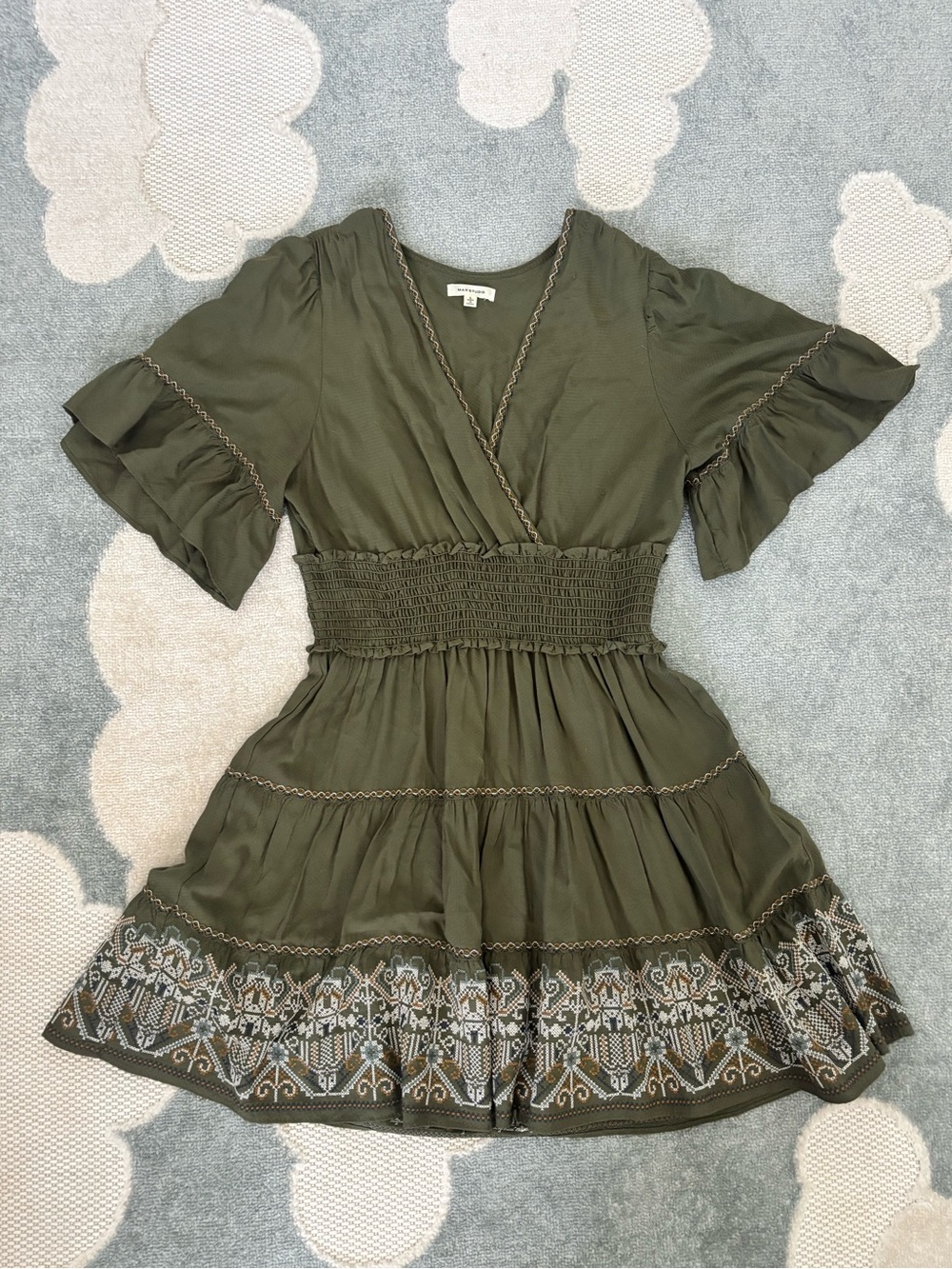 Max Studio Olive Embroidered Tiered Mini Dress